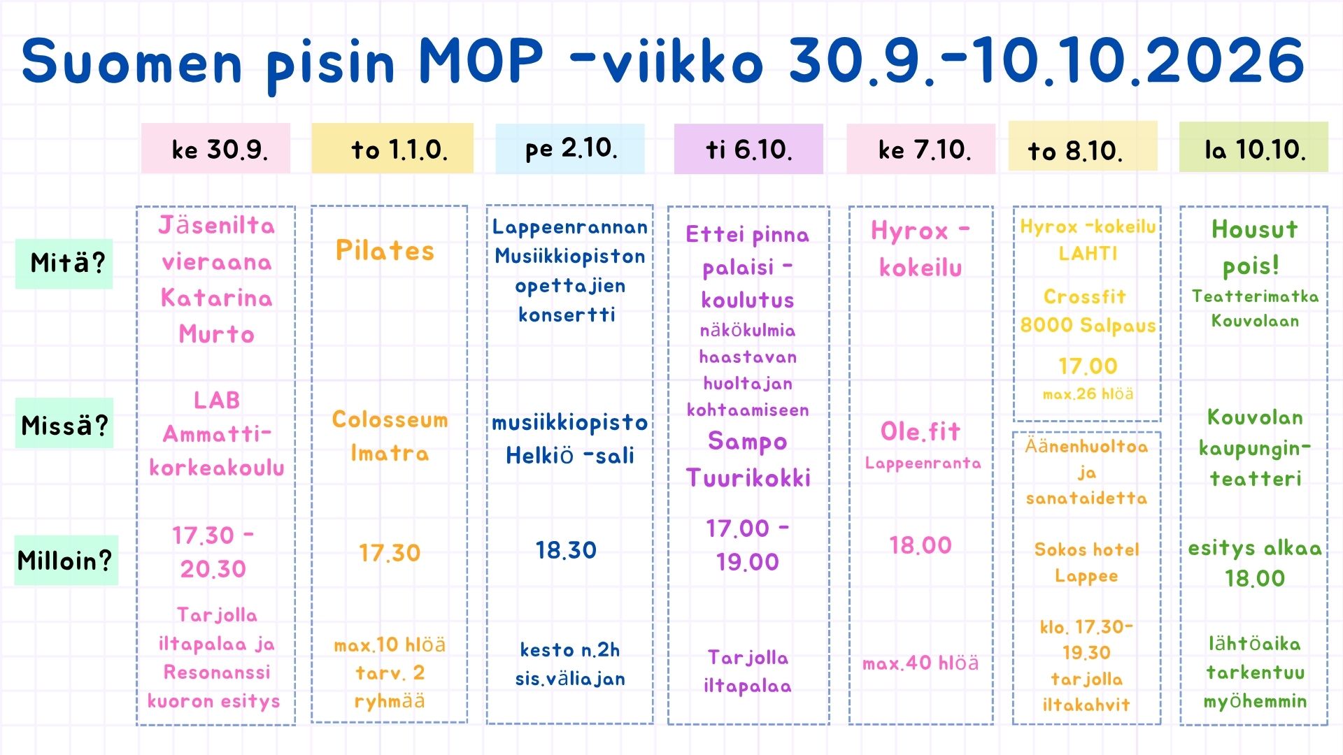 Kuvassa on lukujärjestys OAJ Etelä-Karjalan järjestämistä maailman opettajien päivän tapahtumista 2026