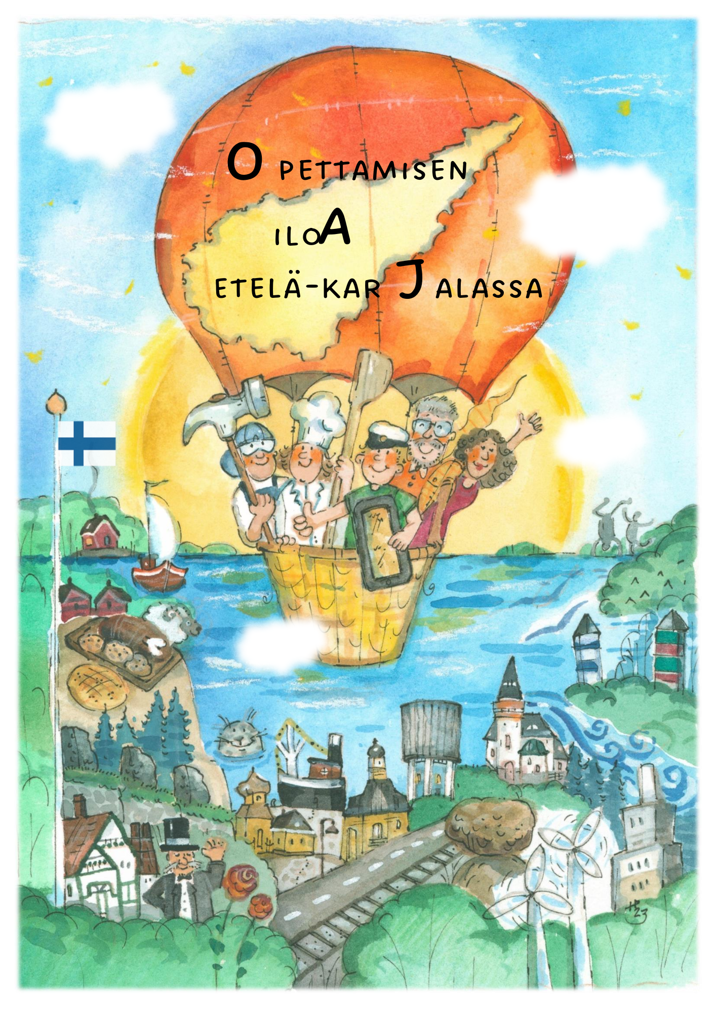 Piirroskuva Etelä-Karjalan maakunnan nähtävyyksistä.